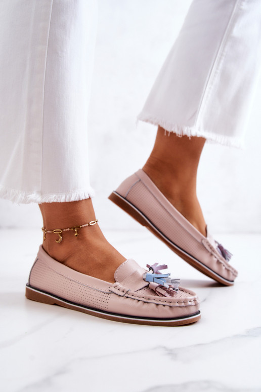 Women's Leather Loafers With Fringes Pink Laressa Women's Leather Loafers With Fringes Pink Laressa