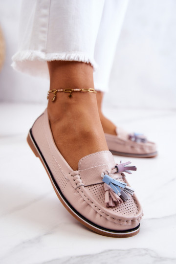 Women's Leather Loafers With Fringes Pink Laressa 2