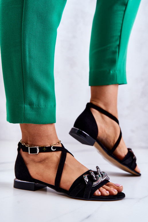 Damskie Zamszowe SandaływithŁańcuchem Laura Messi 2365 Czarne