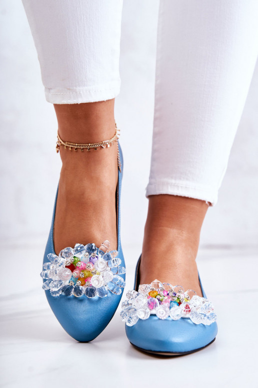 Leather Ballerinas With Elegant Decoration Blue Millany Leather Ballerinas With Elegant Decoration Blue Millany