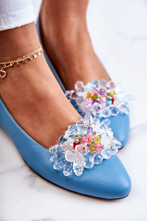 Leather Ballerinas With Elegant Decoration Blue Millany Leather Ballerinas With Elegant Decoration Blue Millany