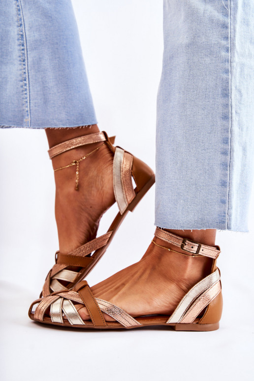 Skórzane Damskie Sandały Maciejka 01924-32 Złoto-Brązowe