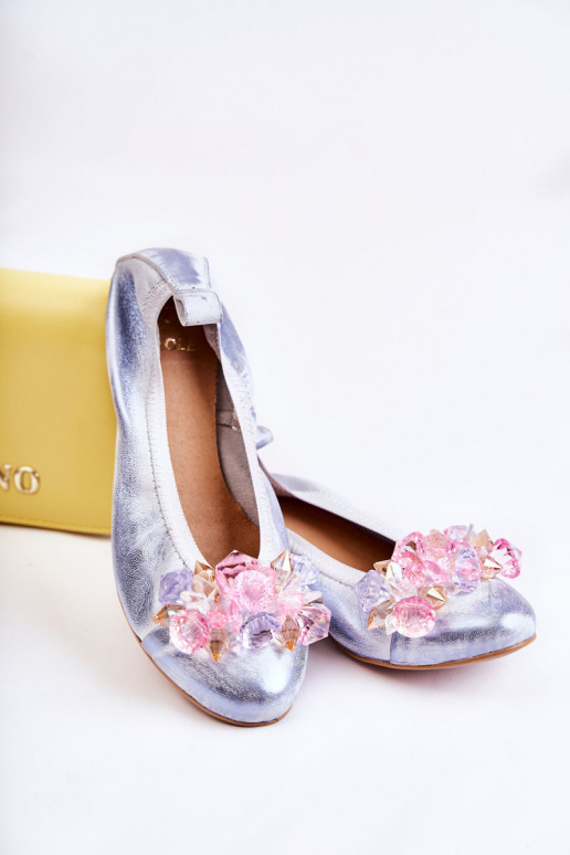 Zazoo 2749 Women's Leather Ballerina Flats with Crystals White-Blue Zazoo 2749 Women's Leather Ballerina Flats with Crystals White-Blue