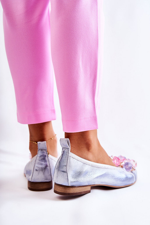 Zazoo 2749 Women's Leather Ballerina Flats with Crystals White-Blue Zazoo 2749 Women's Leather Ballerina Flats with Crystals White-Blue