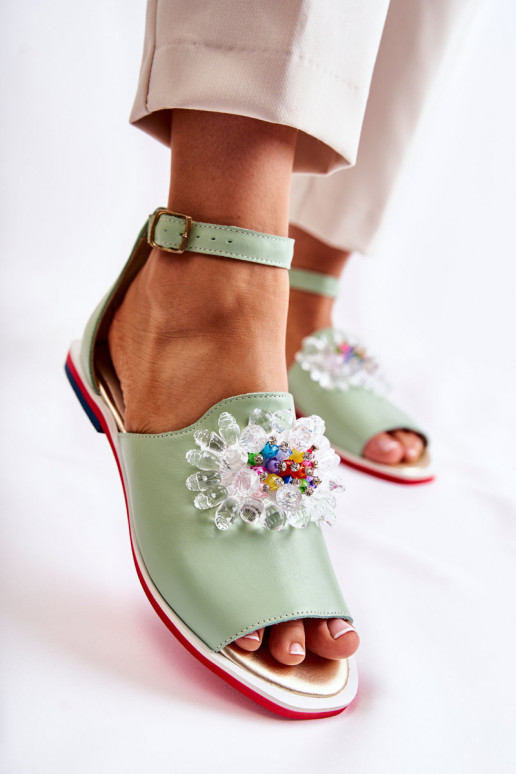 Women's Leather Sandals With Decoration Green Nevassa Women's Leather Sandals With Decoration Green Nevassa