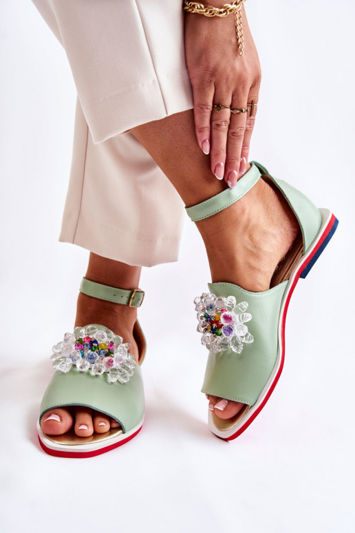 Women's Leather Sandals With Decoration Green Nevassa Women's Leather Sandals With Decoration Green Nevassa