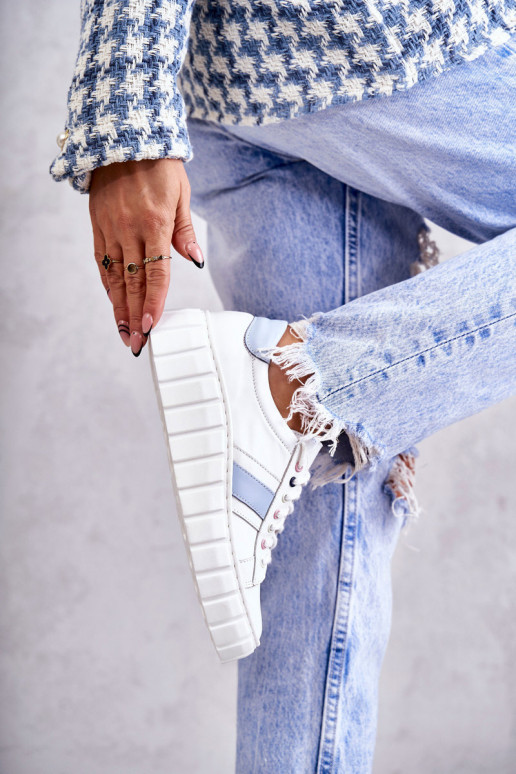 Women's Sport Leather Shoes Tied White and Blue Ariva Women's Sport Leather Shoes Tied White and Blue Ariva