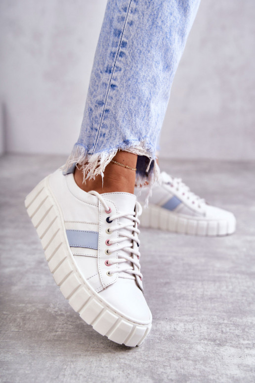 Women's Sport Leather Shoes Tied White and Blue Ariva Women's Sport Leather Shoes Tied White and Blue Ariva