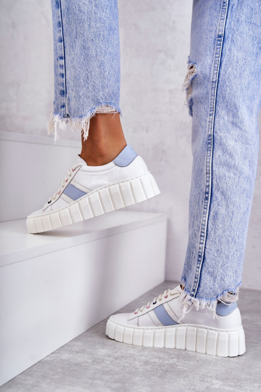 Women's Sport Leather Shoes Tied White and Blue Ariva Women's Sport Leather Shoes Tied White and Blue Ariva