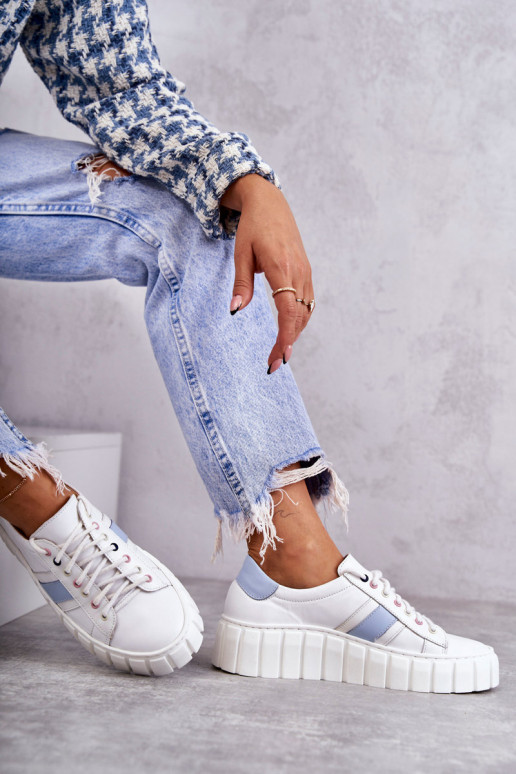 Women's Sport Leather Shoes Tied White and Blue Ariva Women's Sport Leather Shoes Tied White and Blue Ariva