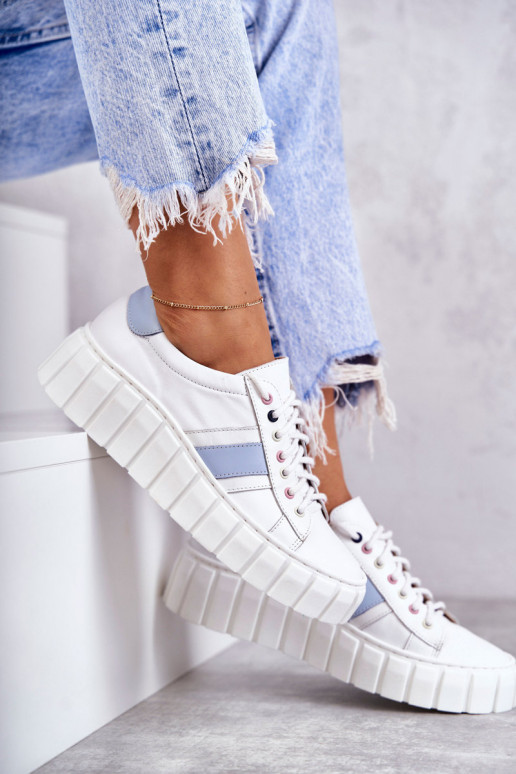 Women's Sport Leather Shoes Tied White and Blue Ariva Women's Sport Leather Shoes Tied White and Blue Ariva