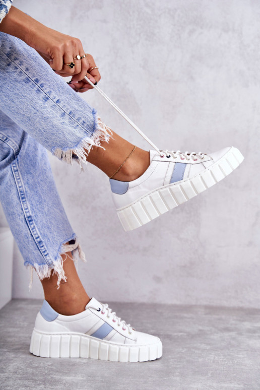 Women's Sport Leather Shoes Tied White and Blue Ariva Women's Sport Leather Shoes Tied White and Blue Ariva