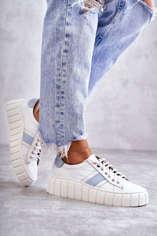 Women's Sport Leather Shoes Tied White and Blue Ariva Women's Sport Leather Shoes Tied White and Blue Ariva