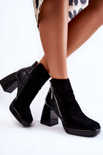 Suede Boots On High Heel Geometric Pattern Black Alienore 2