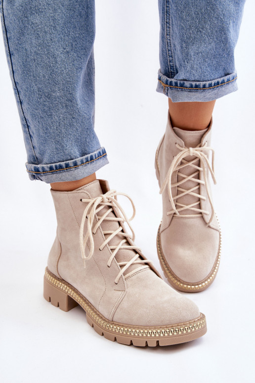 Botki Na Płaskim Obcasie Lewski Shoes 3285 Jasnobeżowe