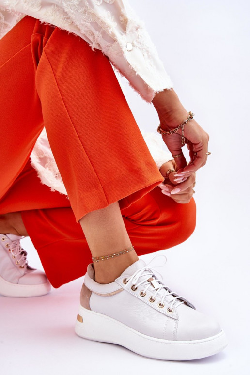 Damskie Skórzane Buty Sportowe Na Platformie Białe Caressa