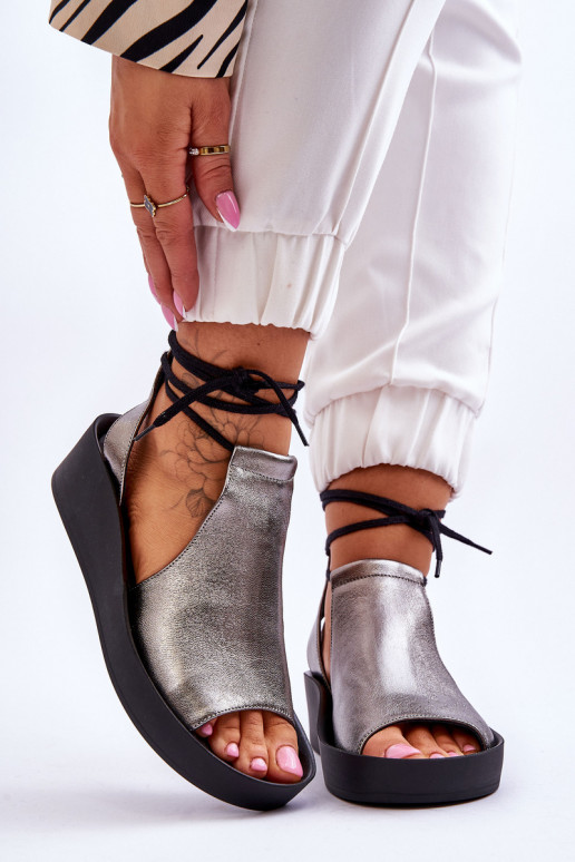Leather Wedge Sandals Nicole 2743/063 Silver-Black Leather Wedge Sandals Nicole 2743/063 Silver-Black