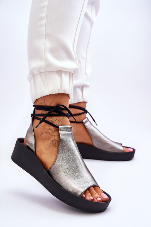 Leather Wedge Sandals Nicole 2743/063 Silver-Black Leather Wedge Sandals Nicole 2743/063 Silver-Black