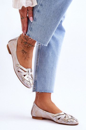 Damskie Skórzane Baleriny Maciejka 01358-22 Beżowo-Złote 2