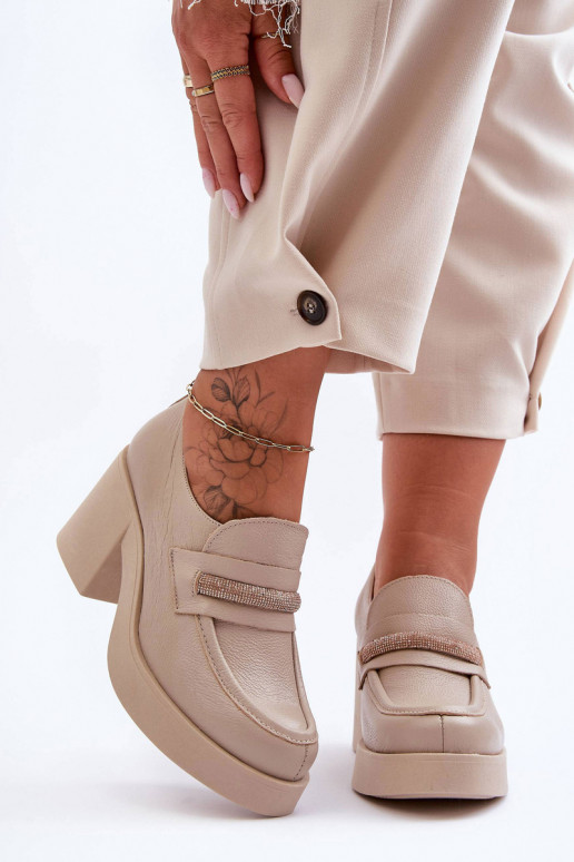 Leather Heeled Shoes with Embellishment Beige Gelanor Leather Heeled Shoes with Embellishment Beige Gelanor