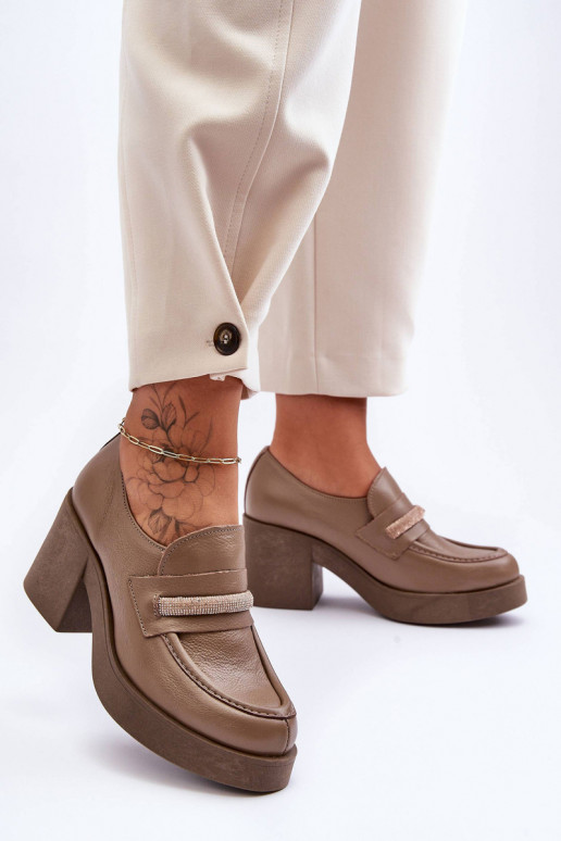 Leather Half-Boots On A Heel With Decoration Dark Beige Gelanor Leather Half-Boots On A Heel With Decoration Dark Beige Gelanor