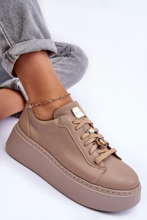 Skórzane Buty Sportowe Na Platformie Maciejka 06191-04 Beżowe