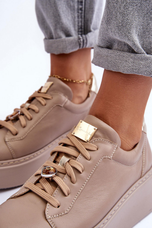 Skórzane Buty Sportowe Na Platformie Maciejka 06191-04 Beżowe