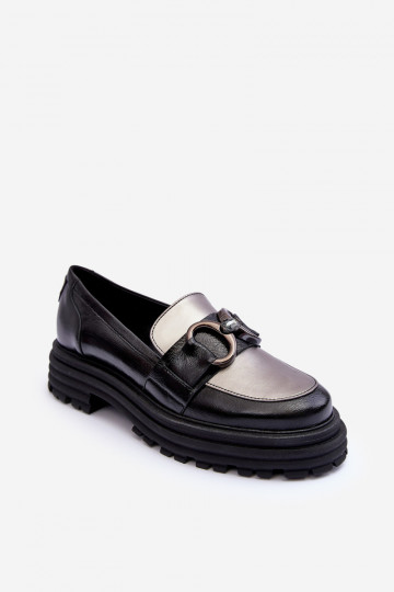 Women's Leather Loafers Flat Heel Black Elkiza 2