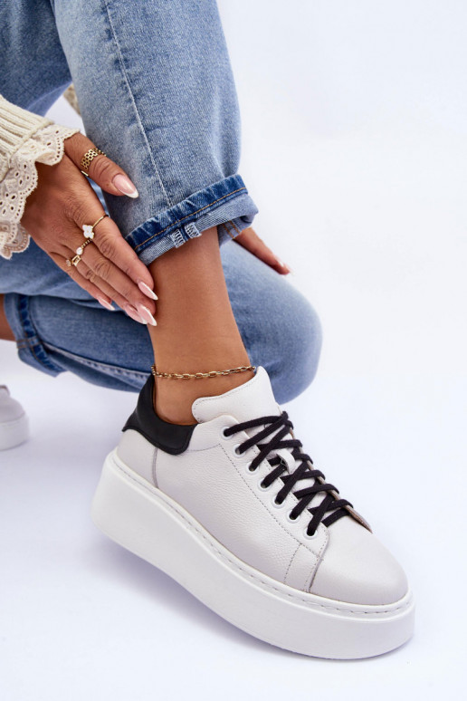 Damskie Buty Sportowe Skórzane na Platformie Biało-Czarne Lemar 10150 Damskie Buty Sportowe Skórzane na Platformie Biało-Czarne Lemar 10150