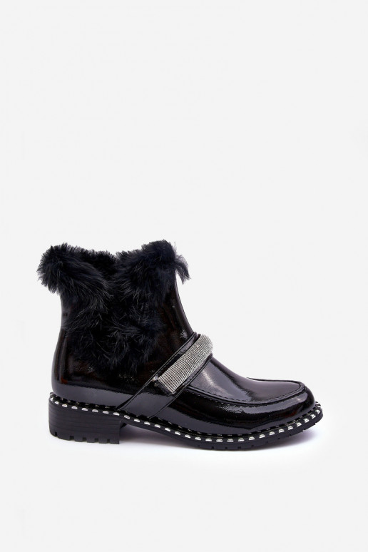 Niskie Botki LakierowanewithFuterkiem I Ozdobą S.Barski MR870-74 Czarne