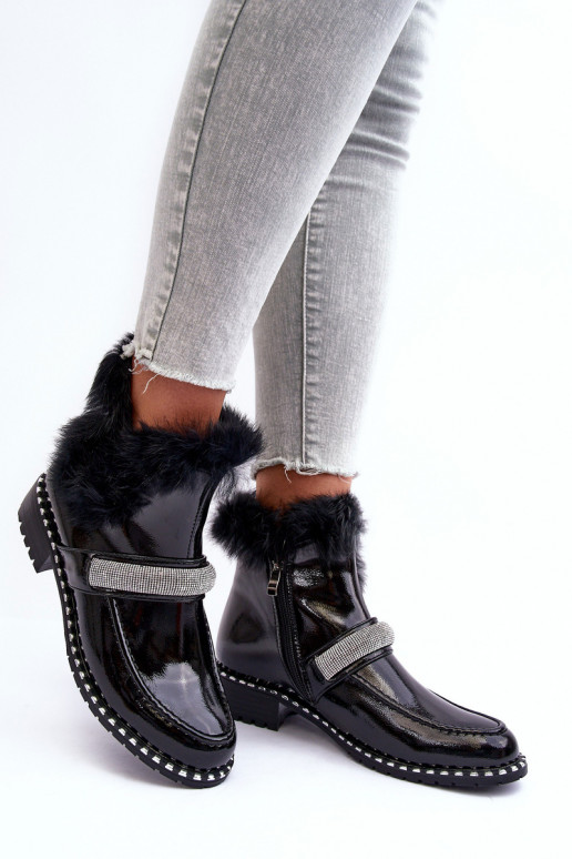 Niskie Botki LakierowanewithFuterkiem I Ozdobą S.Barski MR870-74 Czarne