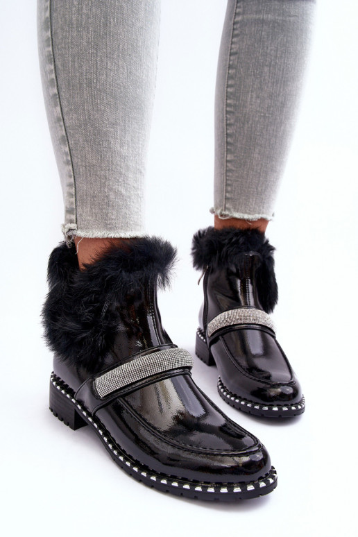 Niskie Botki LakierowanewithFuterkiem I Ozdobą S.Barski MR870-74 Czarne