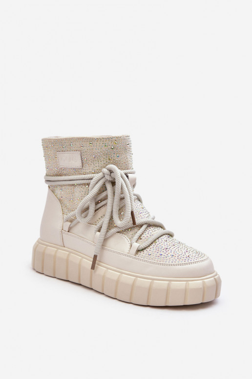 Quilted Snow Boots Embellished with Rhinestones Women's GOE MM2N4081 Beige Quilted Snow Boots Embellished with Rhinestones Women's GOE MM2N4081 Beige