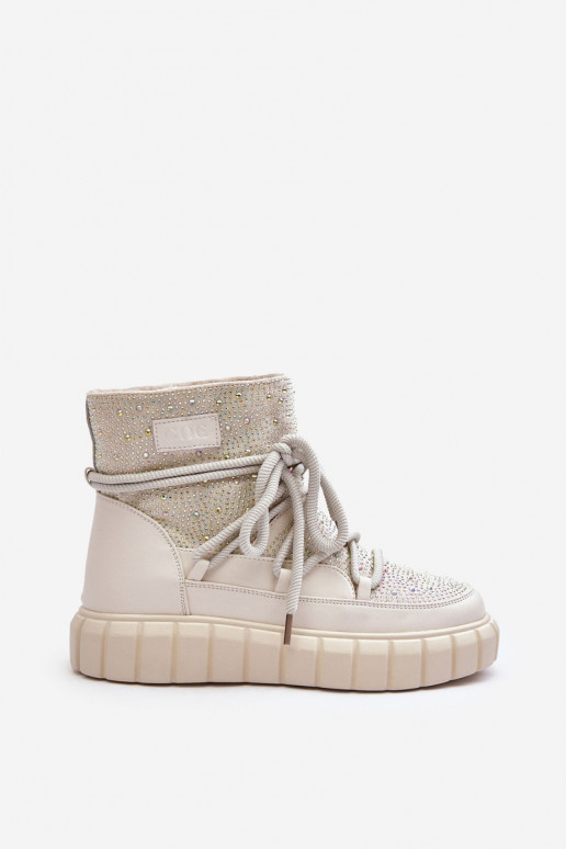 Quilted Snow Boots Embellished with Rhinestones Women's GOE MM2N4081 Beige Quilted Snow Boots Embellished with Rhinestones Women's GOE MM2N4081 Beige