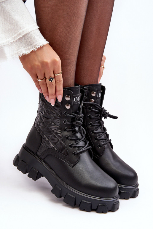 Skórzane Botki Workery Na Płaskim Obcasie GOE MM2N4021 Czarne