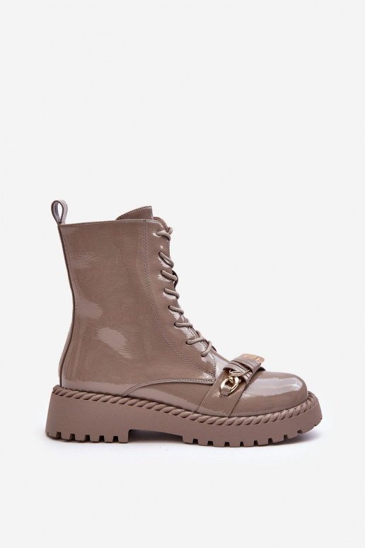 Women's Glossy Ankle Boots Brogues with Decoration Beige SBarski MR870-67 Women's Glossy Ankle Boots Brogues with Decoration Beige SBarski MR870-67