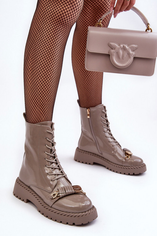 Women's Glossy Ankle Boots Brogues with Decoration Beige SBarski MR870-67 Women's Glossy Ankle Boots Brogues with Decoration Beige SBarski MR870-67