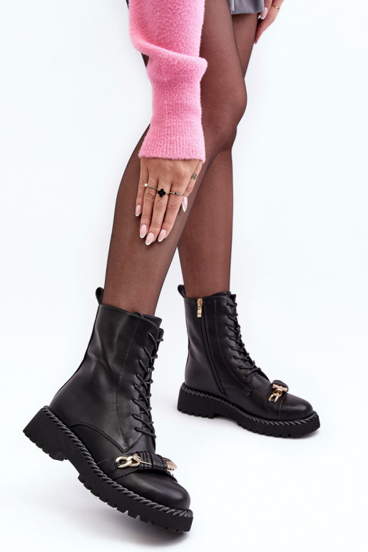 Damskie Skórzane Botki WorkerywithOzdobą Czarne S.Barski MR870-68