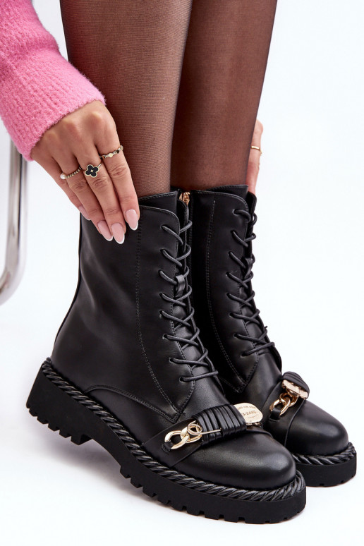 Damskie Skórzane Botki WorkerywithOzdobą Czarne S.Barski MR870-68