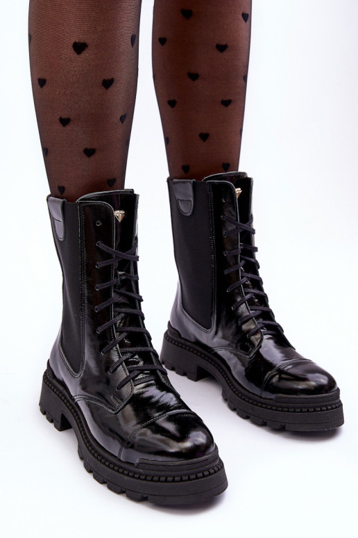 Leather Women's Lace-up Ankle Boots Black Nicole 2836