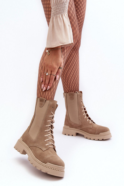 Women's Suede Ankle Boots Lace-Up Beige Nicole 2836 Women's Suede Ankle Boots Lace-Up Beige Nicole 2836