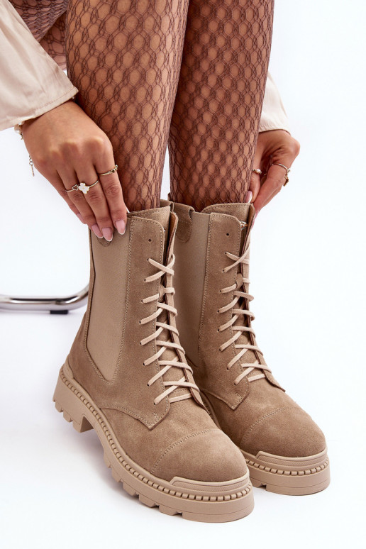 Women's Suede Ankle Boots Lace-Up Beige Nicole 2836 Women's Suede Ankle Boots Lace-Up Beige Nicole 2836