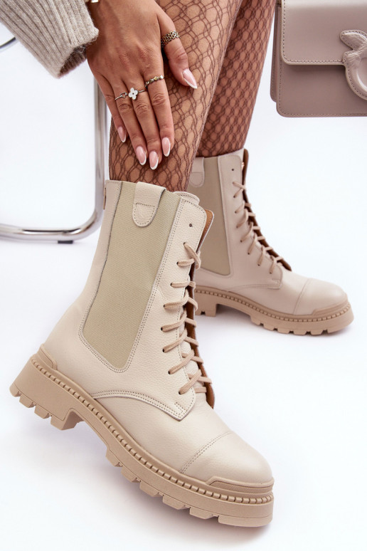 Leather Women's Lace-Up Ankle Boots Beige Nicole 2836 Leather Women's Lace-Up Ankle Boots Beige Nicole 2836