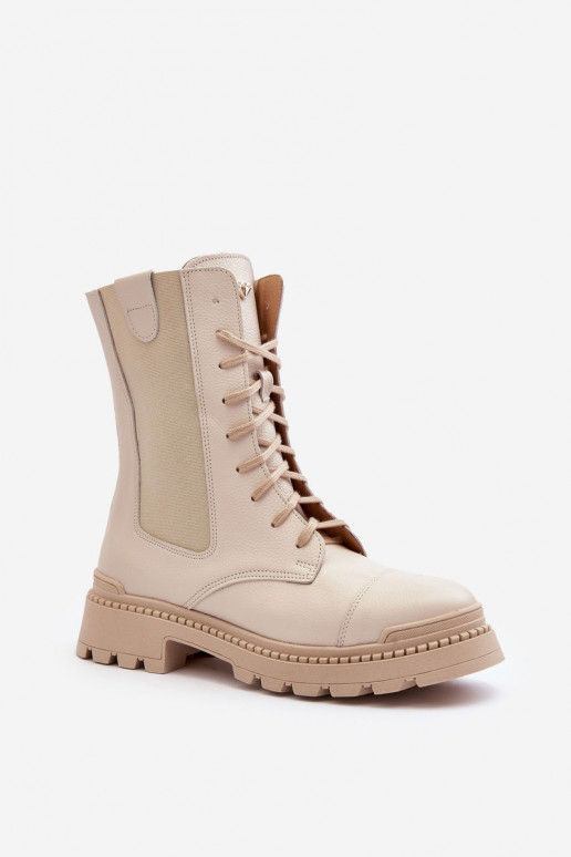 Leather Women's Lace-Up Ankle Boots Beige Nicole 2836 Leather Women's Lace-Up Ankle Boots Beige Nicole 2836