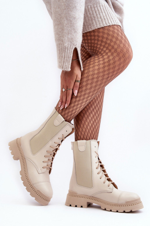 Leather Women's Lace-Up Ankle Boots Beige Nicole 2836 Leather Women's Lace-Up Ankle Boots Beige Nicole 2836