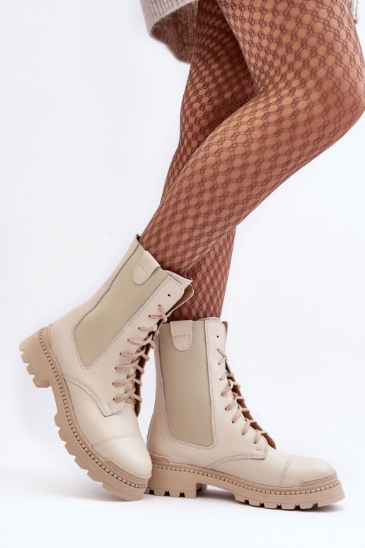 Leather Women's Lace-Up Ankle Boots Beige Nicole 2836 Leather Women's Lace-Up Ankle Boots Beige Nicole 2836