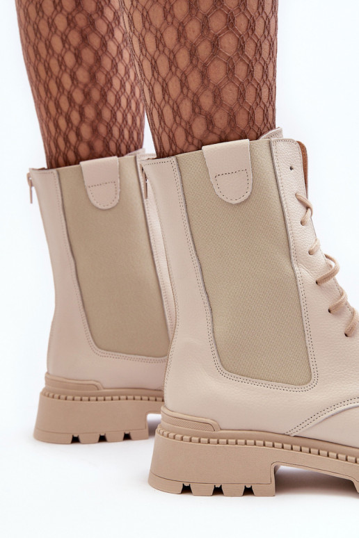 Skórzane Damskie Botki Workery Sznurowane Jasnobeżowe Nicole 2836