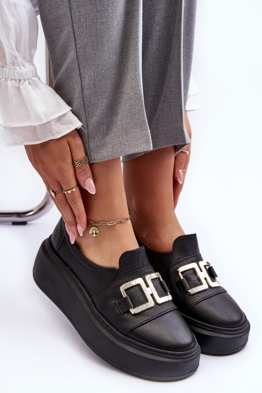 Skórzane Półbuty Damskie Na Platformie Czarne Lewski 3398/2