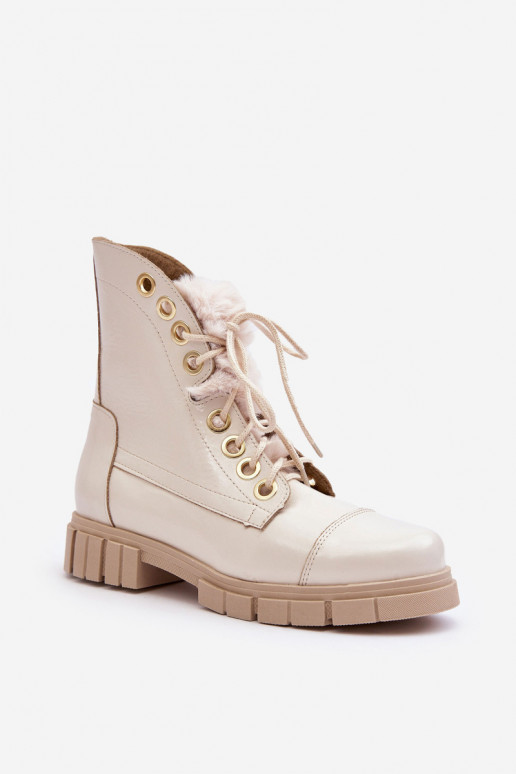 Leather Women's Boots With Faux Fur Light Beige Lewski 3296 Leather Women's Boots With Faux Fur Light Beige Lewski 3296
