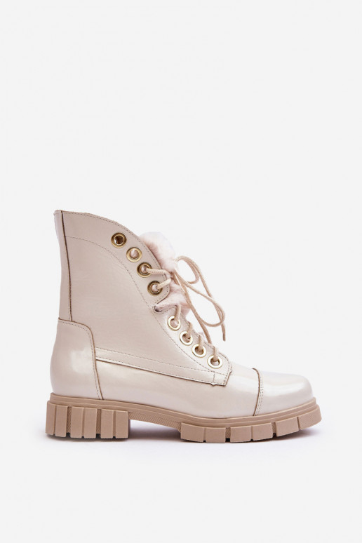 Leather Women's Boots With Faux Fur Light Beige Lewski 3296 Leather Women's Boots With Faux Fur Light Beige Lewski 3296